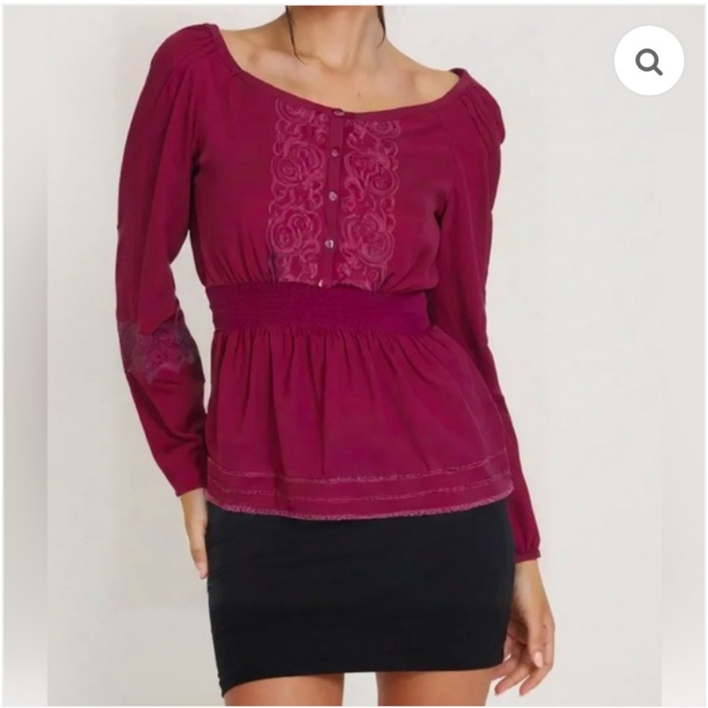 Bebe Peplum Long Sleeve Blouse Lace accents